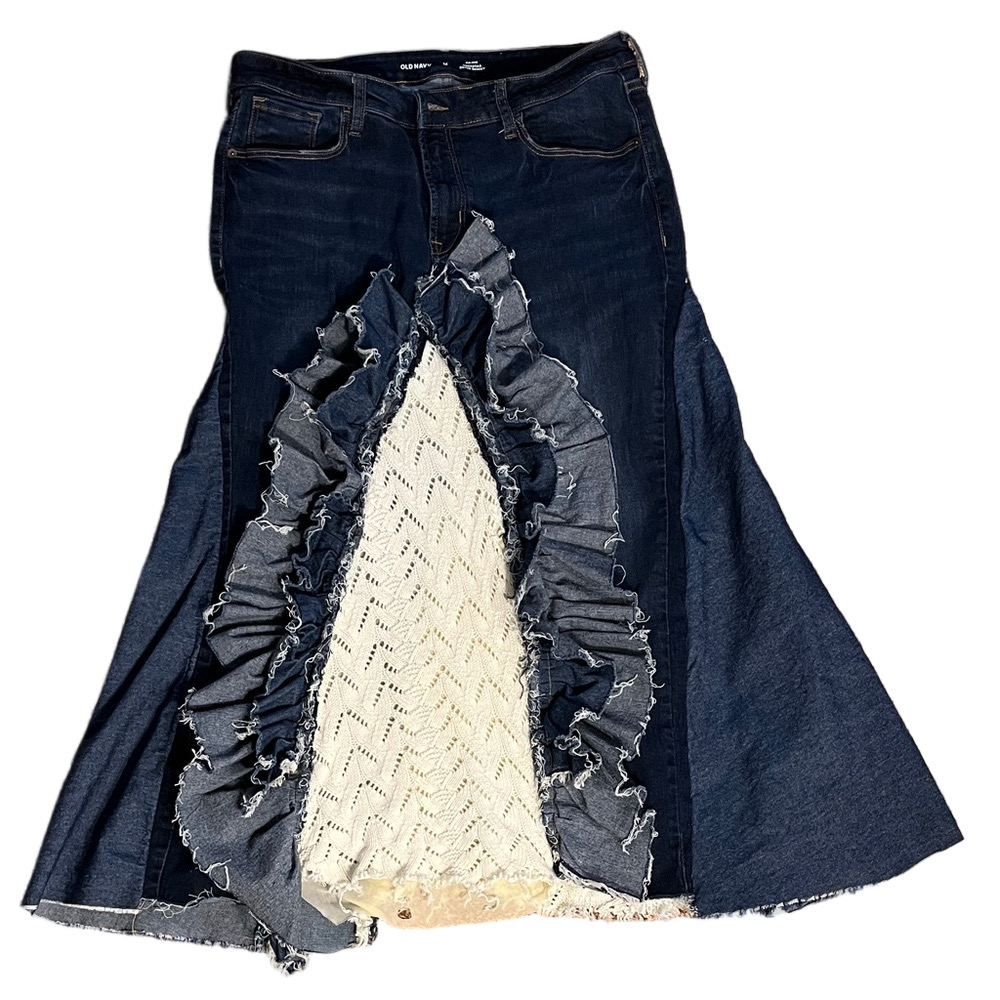 Handmade upcycled Blue Flare Jeans with Ruffle Accent box 28